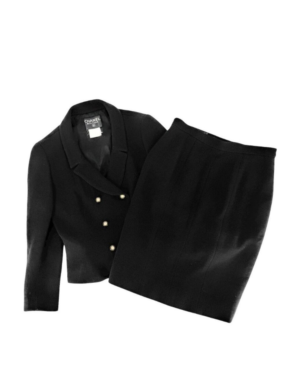 Chanel Set Jacket Skirt Vintage CC Logo 42 Black Silver Wool